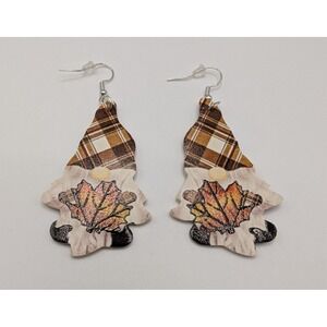 Handmade Fall Gnome Plaid Hat Leaf Autumn Love Gift Earrings Dangle Faux Leather
